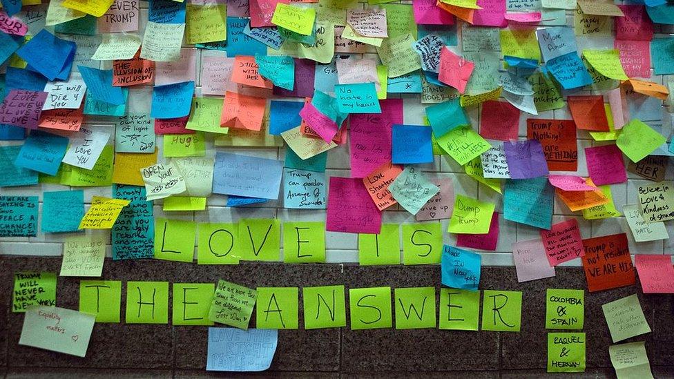 Post-it notes are viewed as part of the art piece 'Subway Therapy' at the Union Square subway station in New York