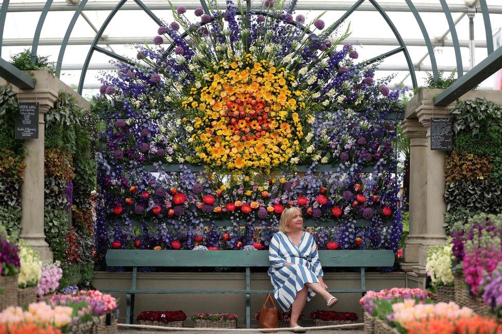 A visitor sits beneath a display of flowers at the floral market at the 2018 Chelsea Flower Show in London on May 21, 2018