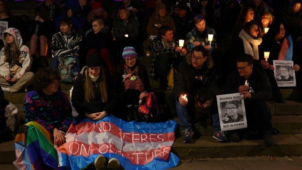 People attend a vigil in memory of Brianna Ghey at St. George's Hall in Liverpool