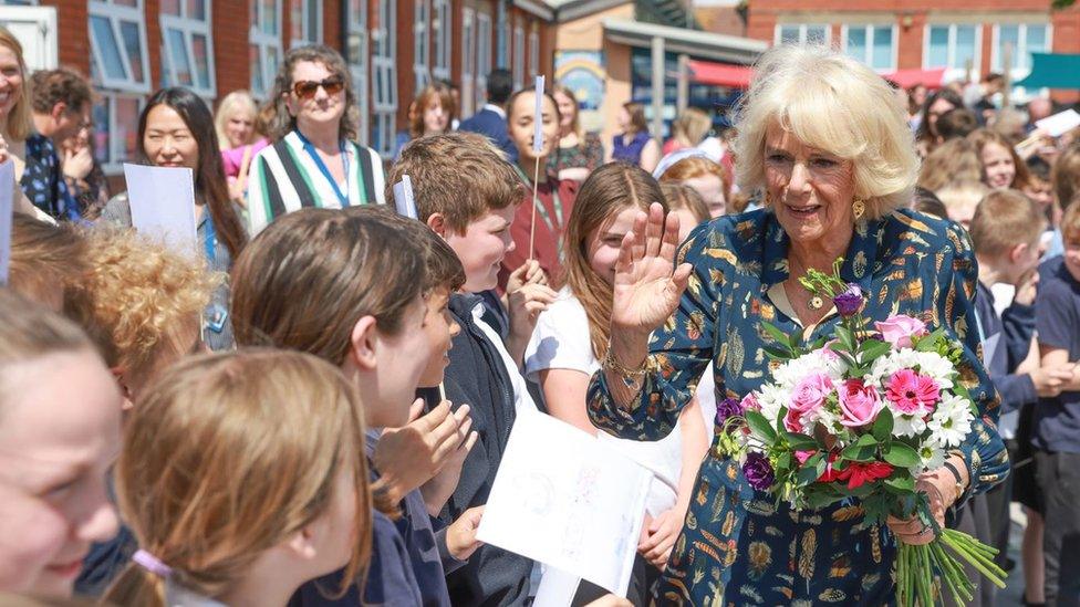 Camilla with school children at Shirehampton primary school