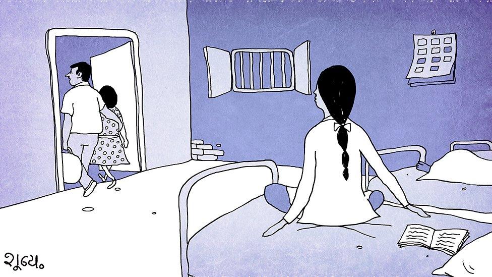 Illustration of a woman being abandoned by her parents