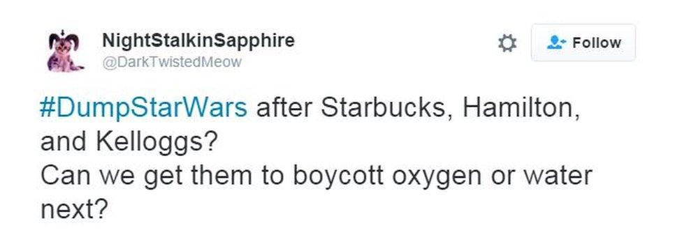 #DumpStarWars after Starbucks, Hamilton, and Kelloggs? Can we get them to boycott oxygen or water next?