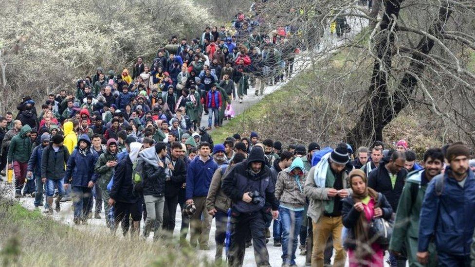 Hundreds of migrants walk from the Idomeni camp. Photo: 14 March 2016