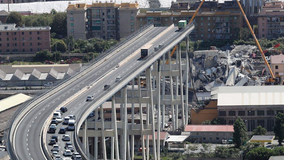 Image shows the collapsed Morandi Bridge