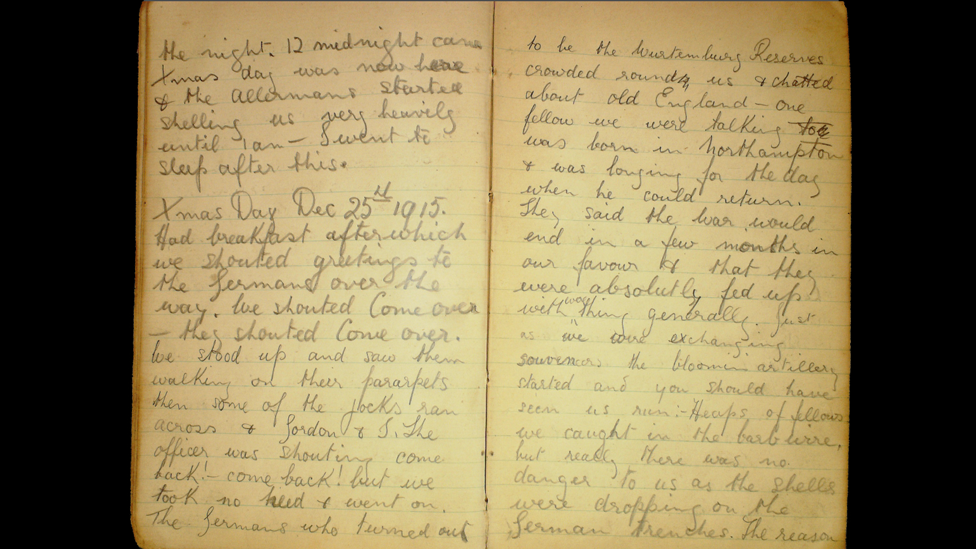 Pte Robert Keating diary extract: "Xmas Day had breakfast after which we shouted greetings to the German's over the way..."