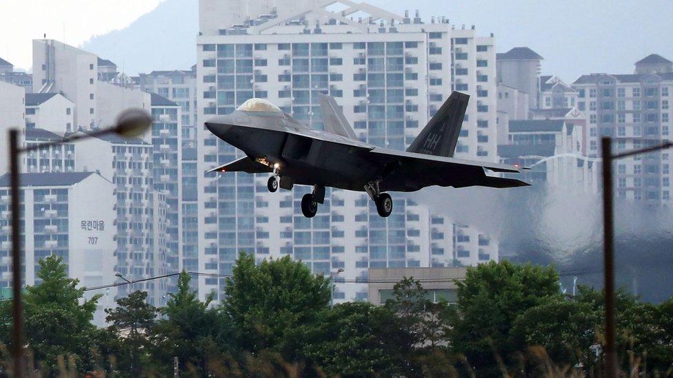 A US Air Force F-22 Raptor lands at Gwangju Air Base in the southwestern city of Gwangju on 16 May 2018