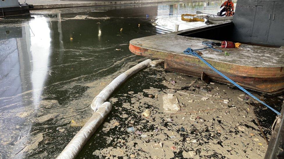 Oil pollution on canal at little venice near paddington basin