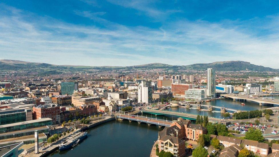 High Angle View Of Belfast Amidst Buildings In City - stock photo