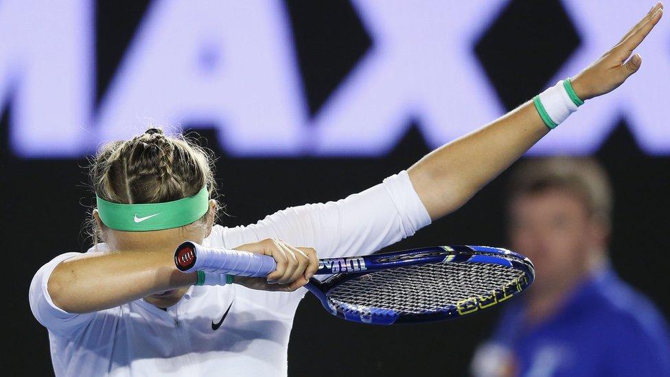 Tennis player Victoria Azarenka does the dab at the Australian Open