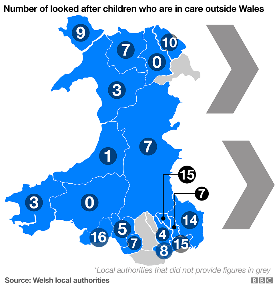 Map showing the number of looked after children in care outside Wales