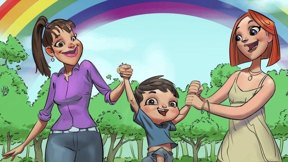 Image of two women and a kid from Rainbow Families book