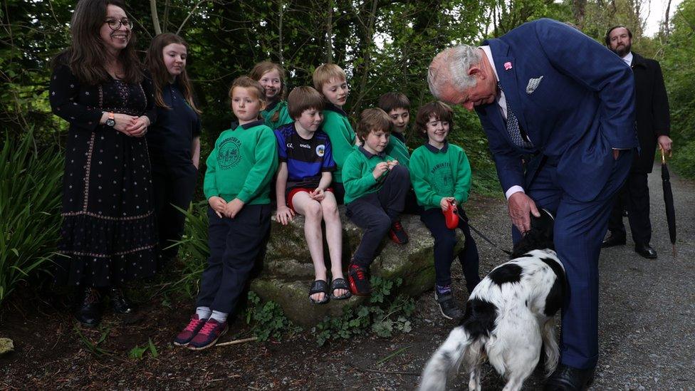 The Prince of Wales greets springer spaniel Willow and children from Dromintee Primary School during a visit to Slieve Gullion Forest Park in Meigh, Newry