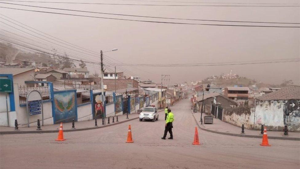 Thick cloud of ashes are seen covering the surrounding areas of the city, following the eruption of Sangay volcano, in Alausi, Ecuador, September 20, 2020