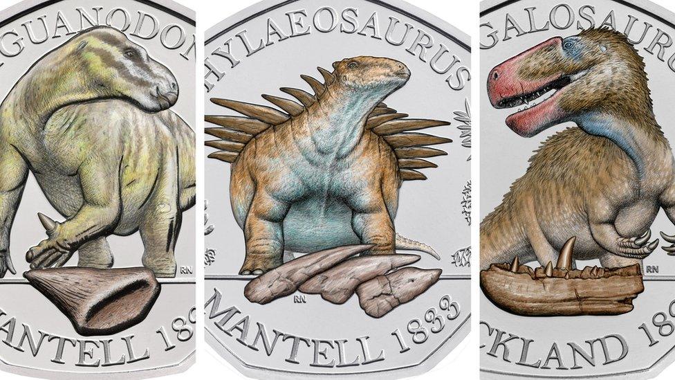 Three dinosaurs on coins