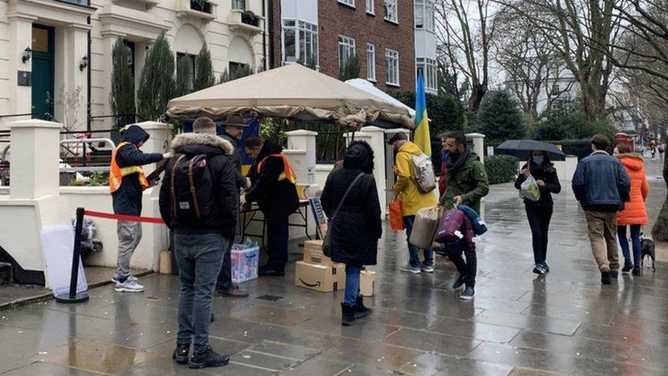 People gathered at a pop-up Ukrainian community centre in Holland Park