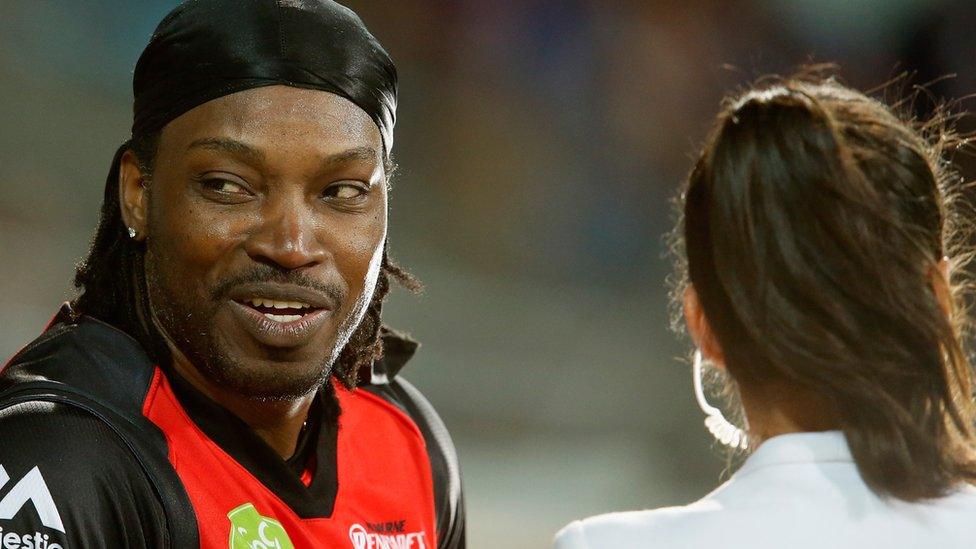 Chris Gayle talking to Mel McLaughlin