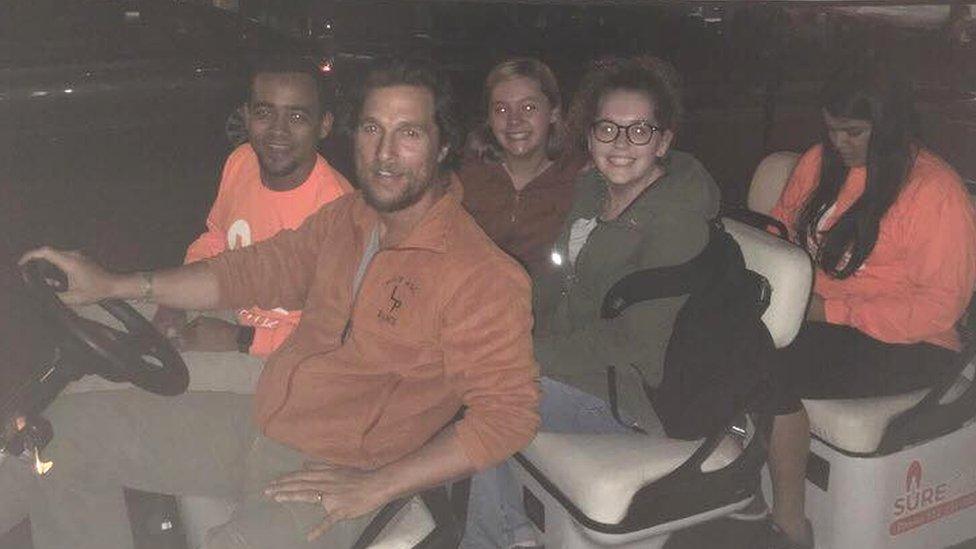 Matthew McConaughey giving students a lift home in a golf buggy (28 November 2016)