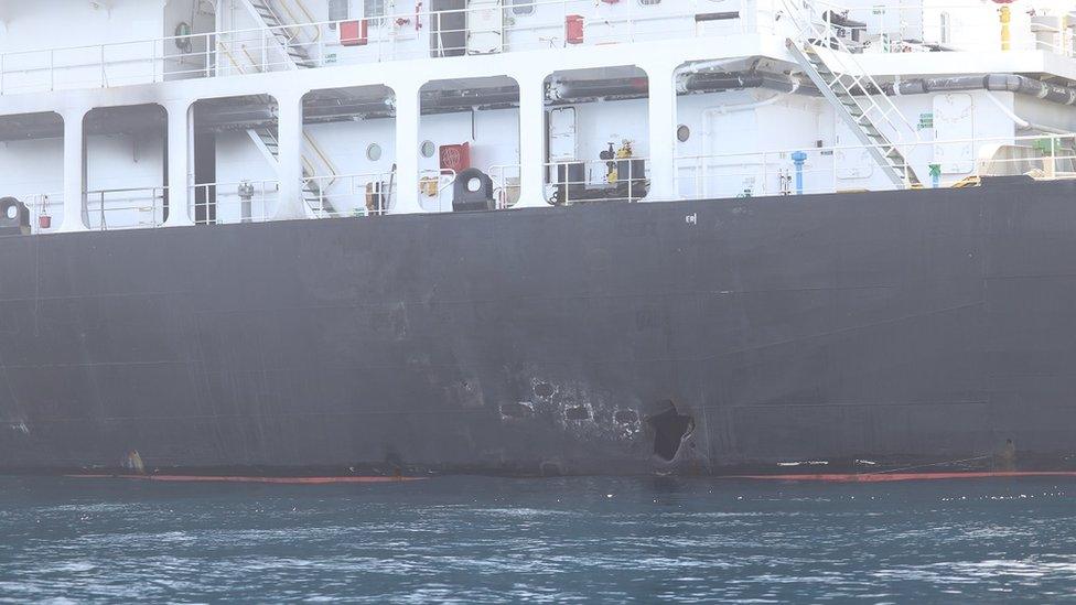 US Department of Defense: This is a view of hull penetration/blast damage on the starboard side of motor vessel M/T Kokuka Courageous, which was sustained from a limpet mine attack while operating in the Gulf of Oman, on June 13th.