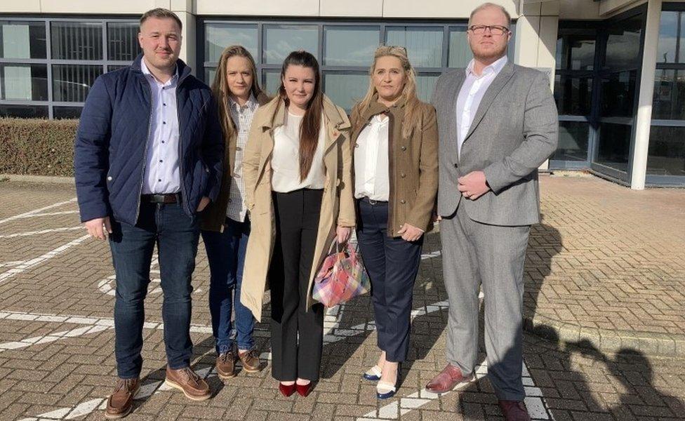 Corrie Mckeague's mum Nicola Urquhart, his two brothers and other family members outside Suffolk Coroner's Court in Ipswich