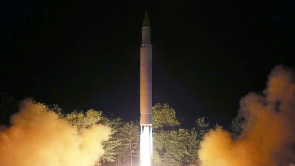 North Korea's intercontinental ballistic missile (ICBM), Hwasong-14 being launched at an undisclosed place in North Korea (28 July 2017)