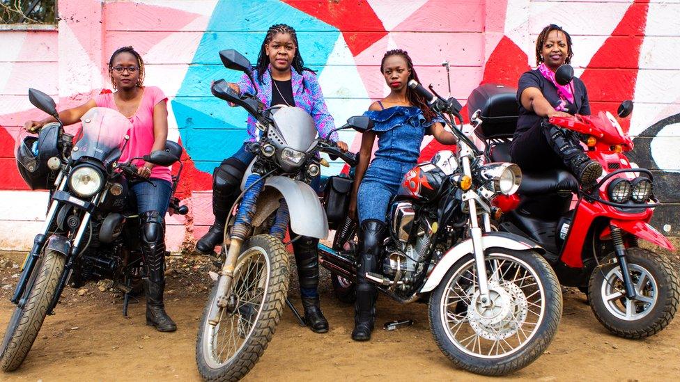 Bikers from the female Kenyan biker gang Inked Sisterhood