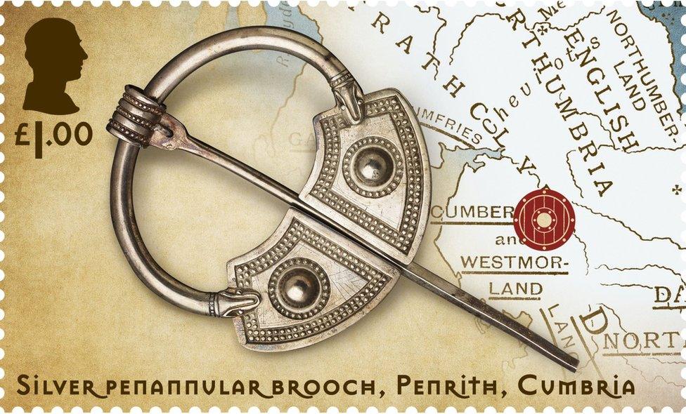 A stamp featuring an image of a silver brooch found in Penrith, Cumbria