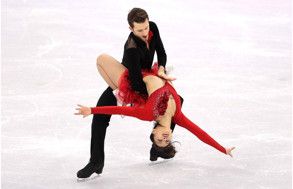 Yura Min and Alexander Gamelin perform their routine with Yura's arms outstretched