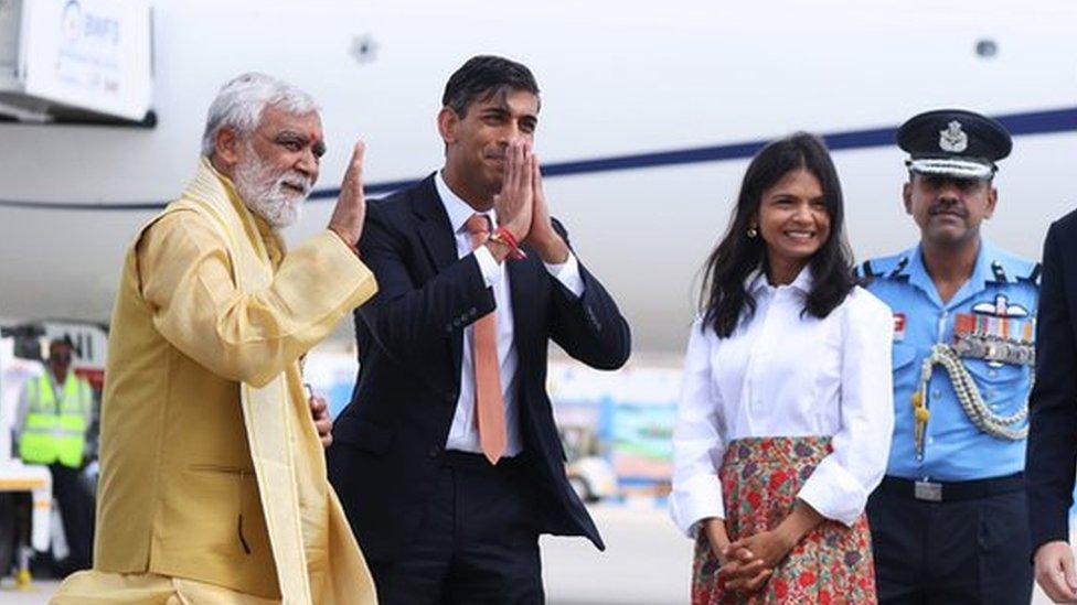 Rishi Sunak and his wife Akshata Murty arriving in Delhi