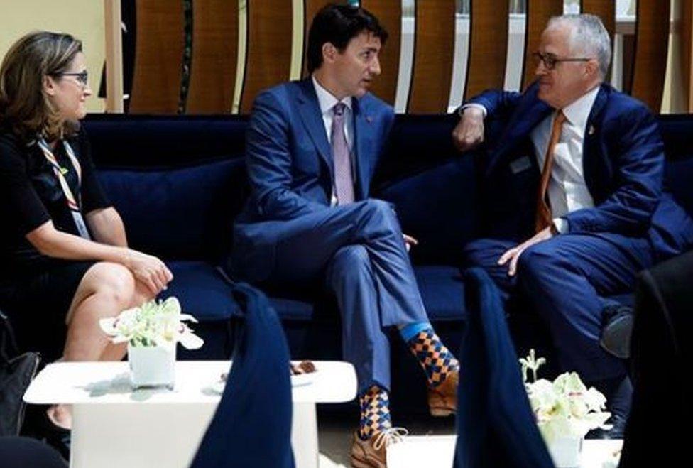 PM Justin Trudeau talks to the Prime Minister of Australia, Malcolm Turnbull