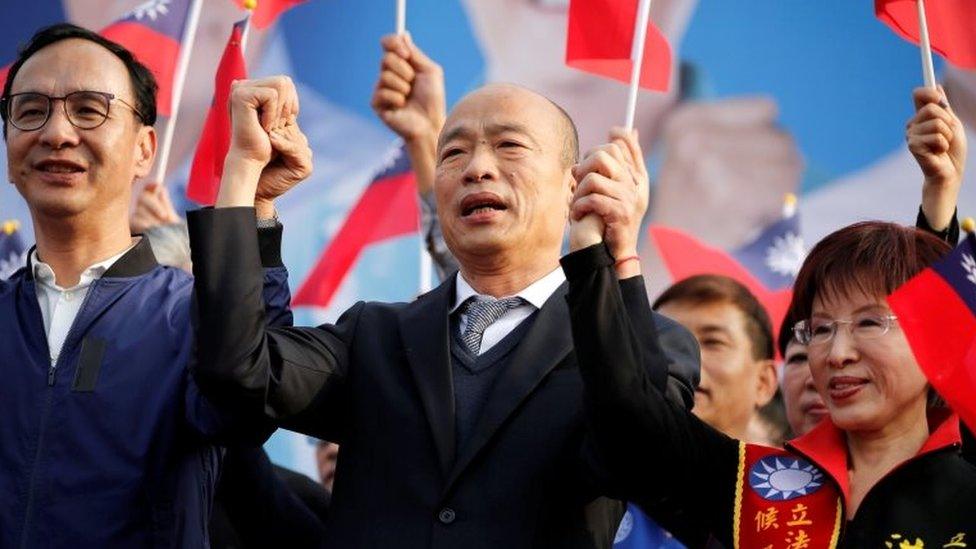 In 1993, Mr Han - seen here at a recent rally - punched the future Taiwanese president in parliament