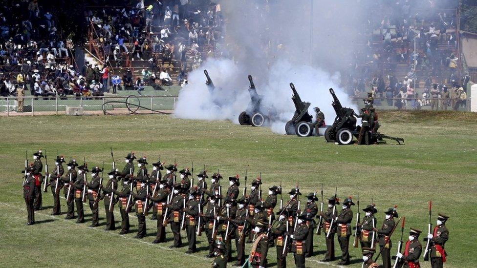 A military salute during the memorial service of Zambia's President Dr Kenneth Kaunda