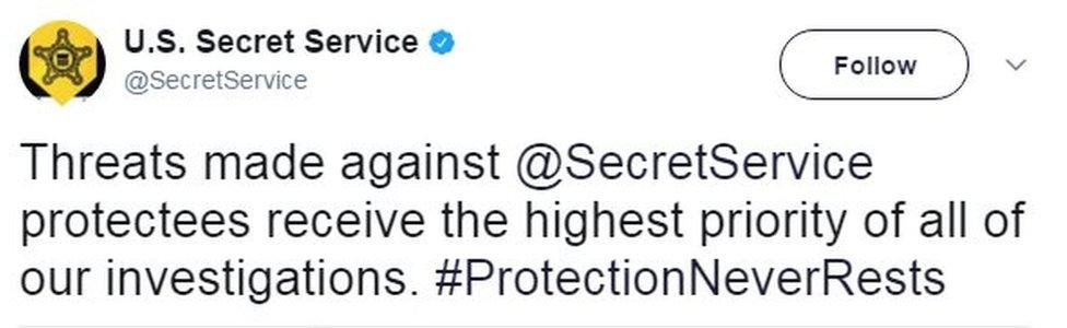 Tweet from the US Secret Service reads: "Threats made against @SecretService protectees receive the highest priority of all of our investigations. #ProtectionNeverRests"