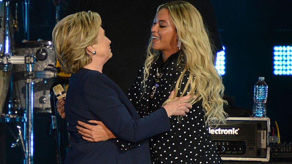 Hillary Clinton and Beyonce embrace at a Cleveland concert/rally.