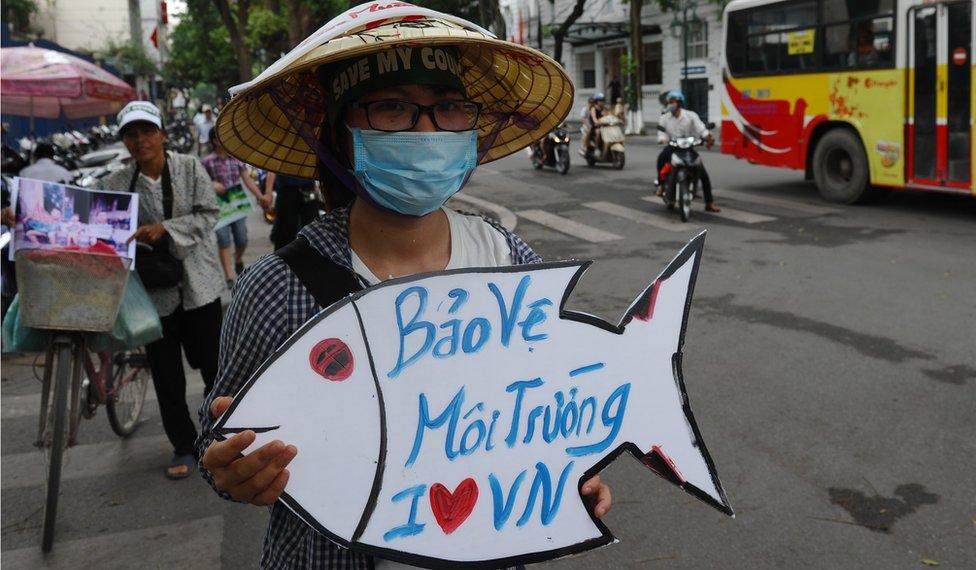 Vietnamese protesters demonstrate against Taiwanese conglomerate Formosa during a rally in downtown Hanoi on May 1, 2016