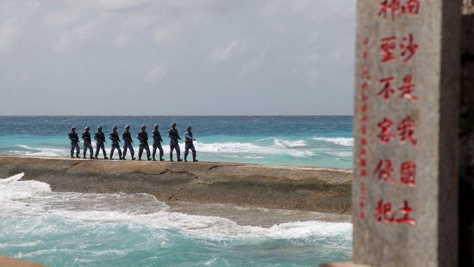 Soldiers from the Chinese navy on patrol in the Spratly Islands, known in China as the Nansha Islands