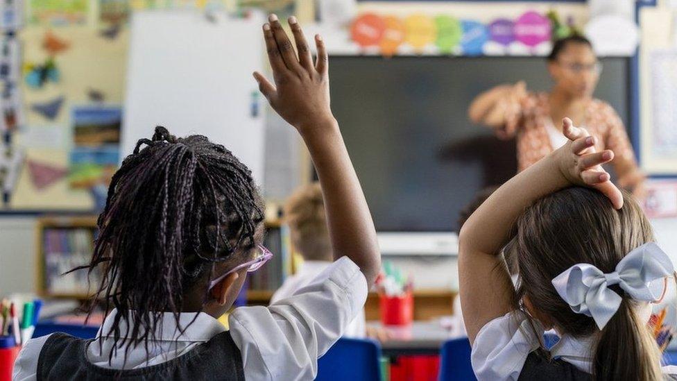 Children raising hands in class