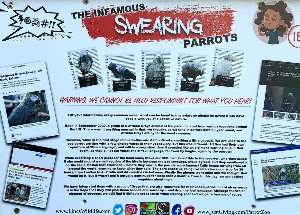 The disclaimer notice on the swearing parrots' enclosure at Lincolnshire Wildlife Park