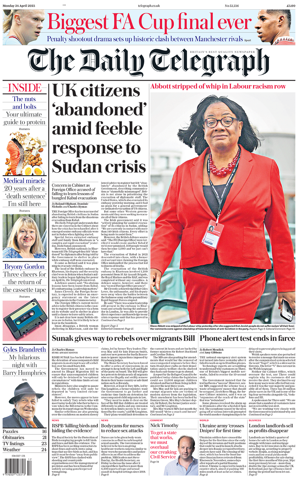 The headline in the Daily Telegraph reads 'UK citizens abandoned amid feeble response to Sudan crisis'