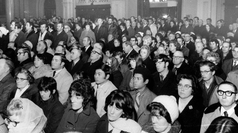 Crowd at St. James the Major church on Feb. 6, 1972, for a memorial Mass for 13 men killed