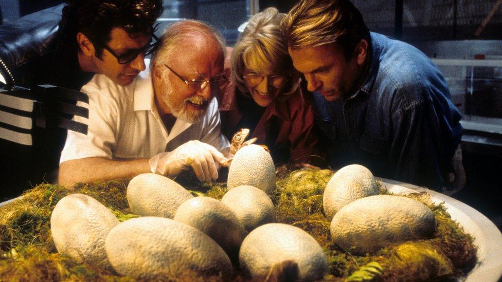 Jeff Goldblum, Richard Attenborough, Laura Dern and Sam Neill watch dinosaur eggs hatch in a scene from "Jurassic Park"