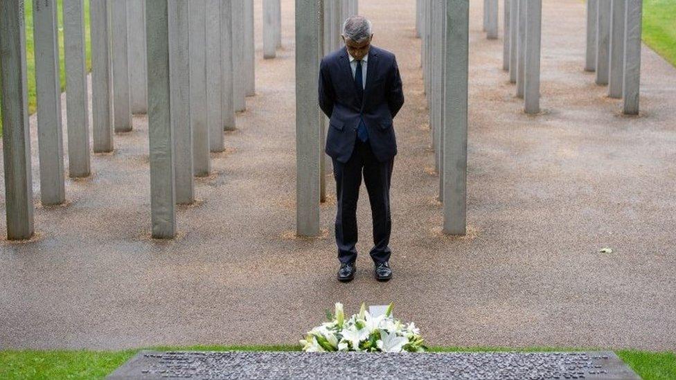 London Mayor Sadiq Khan lays a wreath at the 7 July memorial