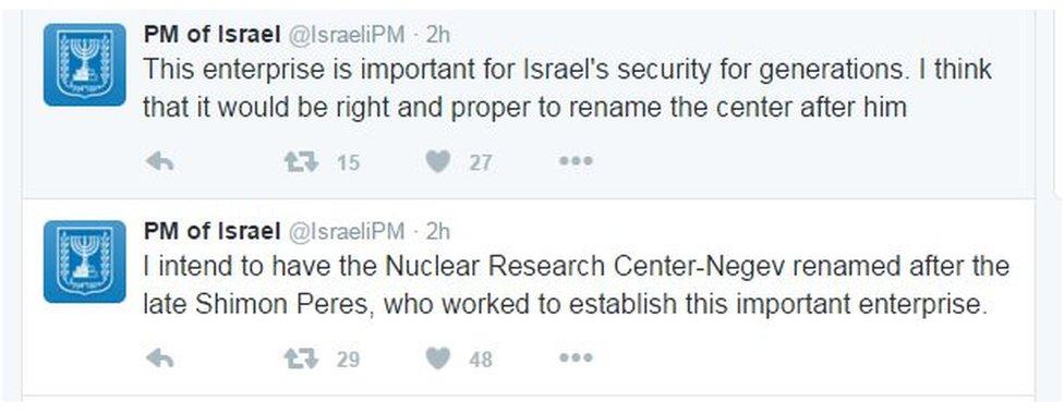 Tweets from the Israel Prime Ministers office read: "I intend to have the nuclear research center-Negev renamed after the late Shimon Peres, who worked to establish this important enterprise" and "This enterprise is important for Israel's security for generations. I think that it would be right and proper to rename the center after him."