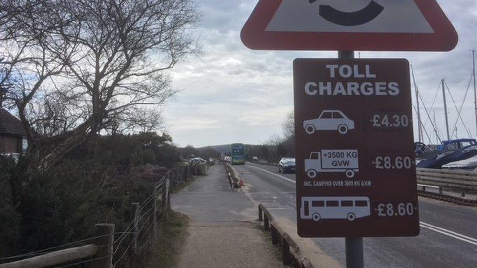 Toll charges sign at Sandbanks Ferry