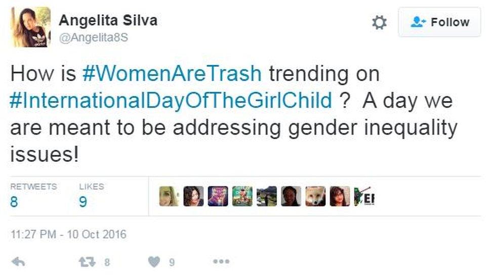 @Angelita8S tweets: How is #WomenAreTrash trending on #InternationalDayOfTheGirlChild ? A day we are meant to be addressing gender inequality issues!