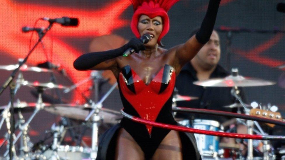 Grace Jones hula hooping through Queen's Diamond Jubilee performance