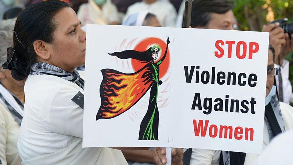 Women attend a protest in Ahmedabad on March 20, 2015, in the wake of the gang-rape on an elderly nun.