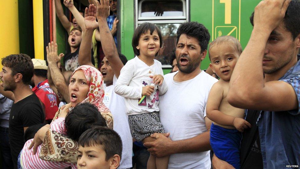 Migrants protest at the railway station in the town of Bicske, Hungary, 3 September 2015