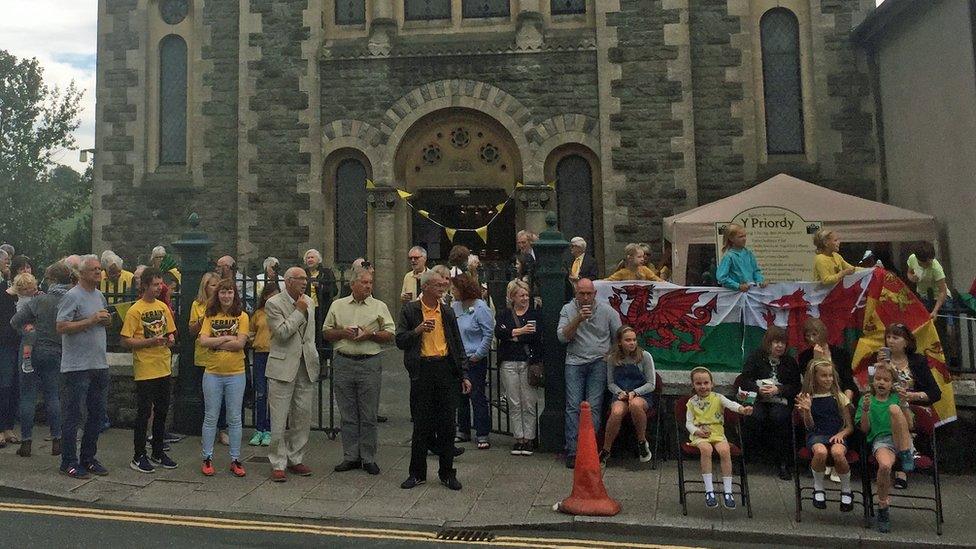 Crowd outside a chapel in Carmarthen