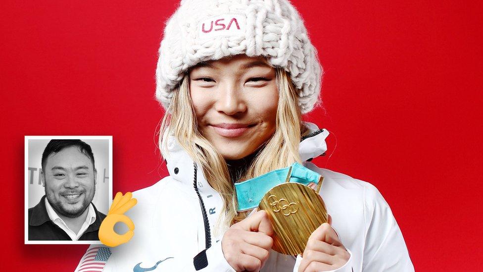 Picture shows Chloe Kim proudly holding her gold medal while wearing her snow gear and inset shows David Chang with an 'OK' hand emoji.