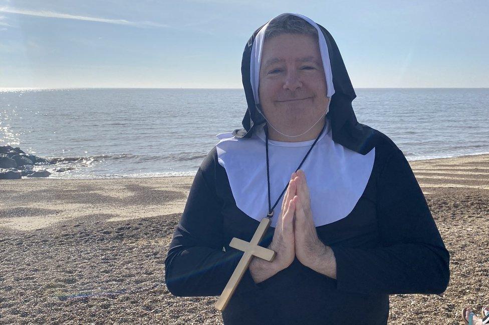 Tim Kenny dressed as a nun at Felixstowe beach